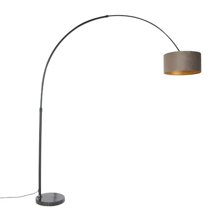 Bogenleuchte schwarz mit Samtlampenschirm Taupe mit Gold 50 cm - XXL