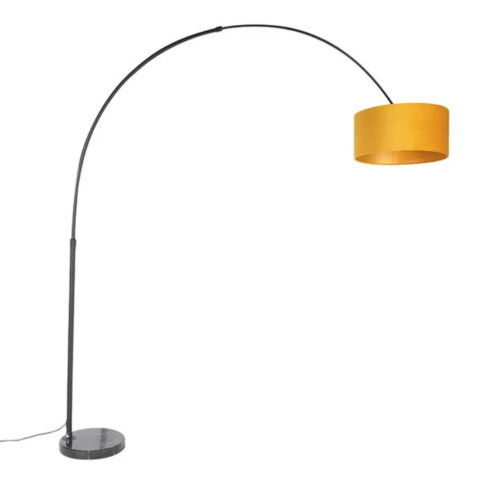 Bogenleuchte schwarz mit Samt-Schirm senfgelb mit Gold 50 cm - XXL