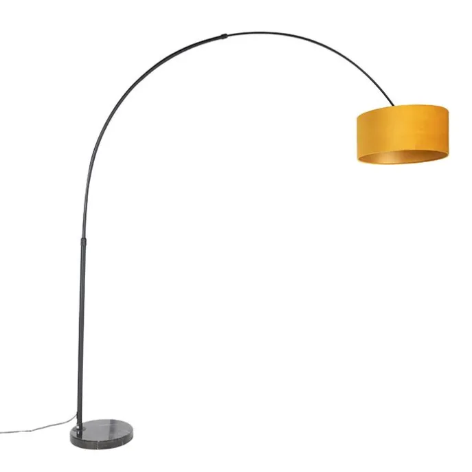 Bogenleuchte schwarz mit Samt-Schirm senfgelb mit Gold 50 cm - XXL