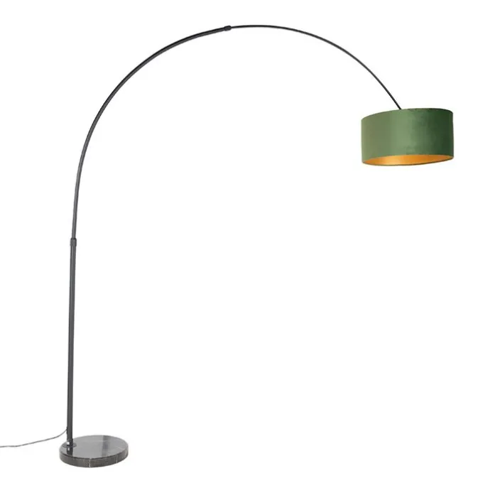 Bogenleuchte Schwarz Samtlampenschirm Grün mit Gold 50 cm - XXL