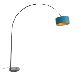 Bogenleuchte schwarzer Samt-Schirm blau mit Gold 50 cm - XXL