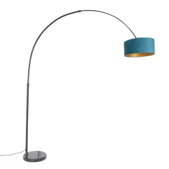 Bogenleuchte schwarzer Samt-Schirm blau mit Gold 50 cm - XXL