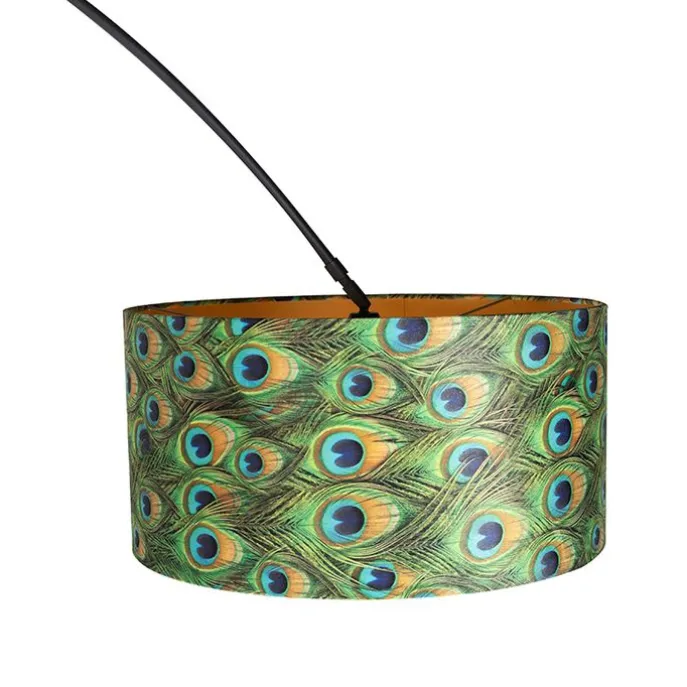 Botanische Bogenlampe mit schwarzem Samt-Schirm Pfauen-Design 50 cm - XXL