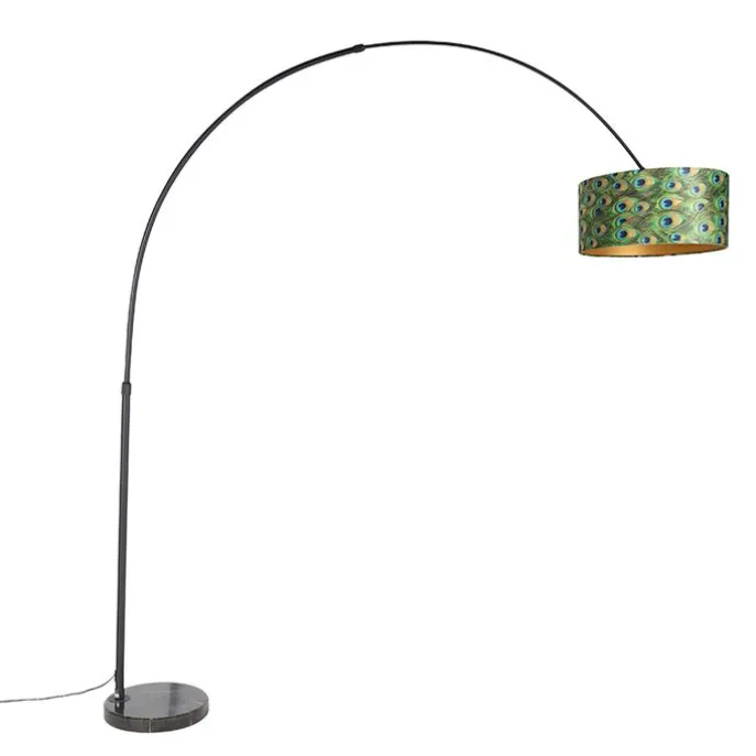 Botanische Bogenlampe mit schwarzem Samt-Schirm Pfauen-Design 50 cm - XXL