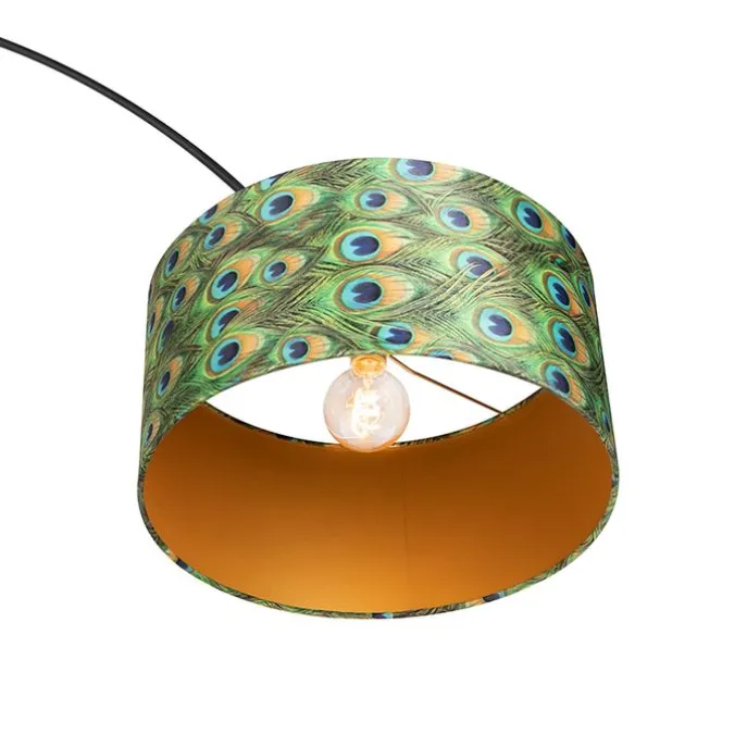 Botanische Bogenlampe mit schwarzem Samt-Schirm Pfauen-Design 50 cm - XXL