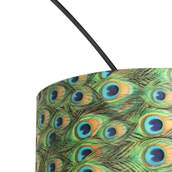 Botanische Bogenlampe mit schwarzem Samt-Schirm Pfauen-Design 50 cm - XXL