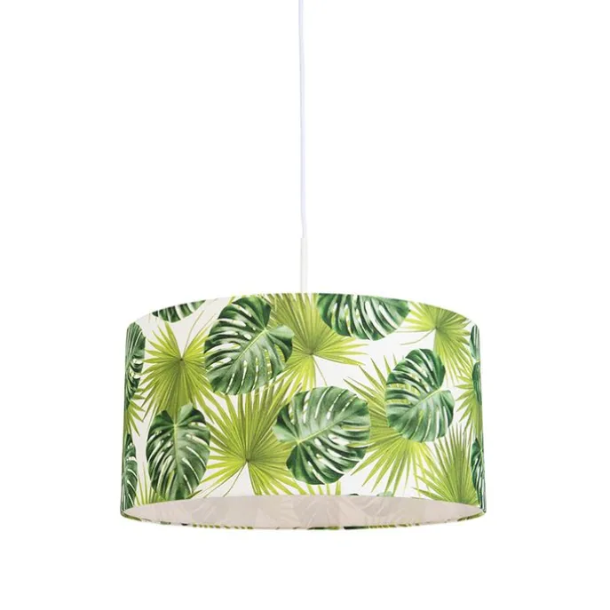 Botanische Hängelampe weiß mit Blattprint-Schirm 50cm - Combi 1