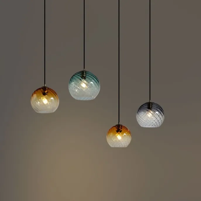 Bronzefarbene Hängelampe mit Rauch-, Bernstein- und Grünfarbenem Glas Rechteckig 4-flammig - Bao