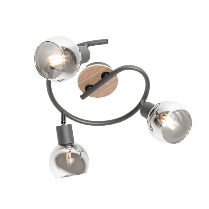 Deckenleuchte schwarz 44,5 cm mit Rauchglas und Holz 3-flammig - Vidro