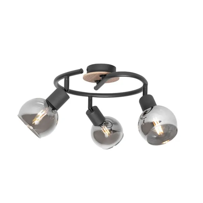 Deckenleuchte schwarz 44,5 cm mit Rauchglas und Holz 3-flammig - Vidro