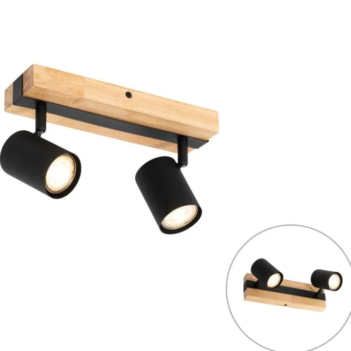 Deckenleuchte schwarz mit Holz 2-flammig verstellbar rechteckig - Jeana