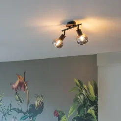 Deckenleuchte schwarz mit Rauchglas und Holz 2-flammig - Vidro