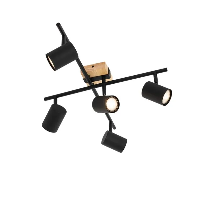 Deckenleuchte schwarz mit Holz 5-flammig verstellbar rechteckig - Jeana