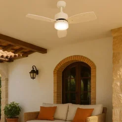 Deckenventilator für Außenbereich weiß mit Holzaufdruck 91,3 cm inkl. LED Dimmbar mit Fernbedienung IP44 - Toledo