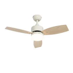 Deckenventilator für Außenbereich weiß mit Holzaufdruck 91,3 cm inkl. LED Dimmbar mit Fernbedienung IP44 - Toledo