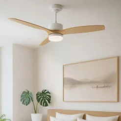Deckenventilator Weiß mit Holzaufdruck 132cm inkl. LED Dimmbar mit Fernbedienung - Joly