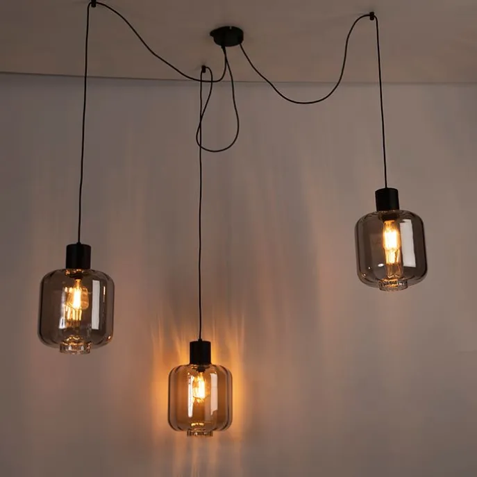 Design Hängelampe schwarz mit Rauchglas 3-Licht 226 cm - Qara
