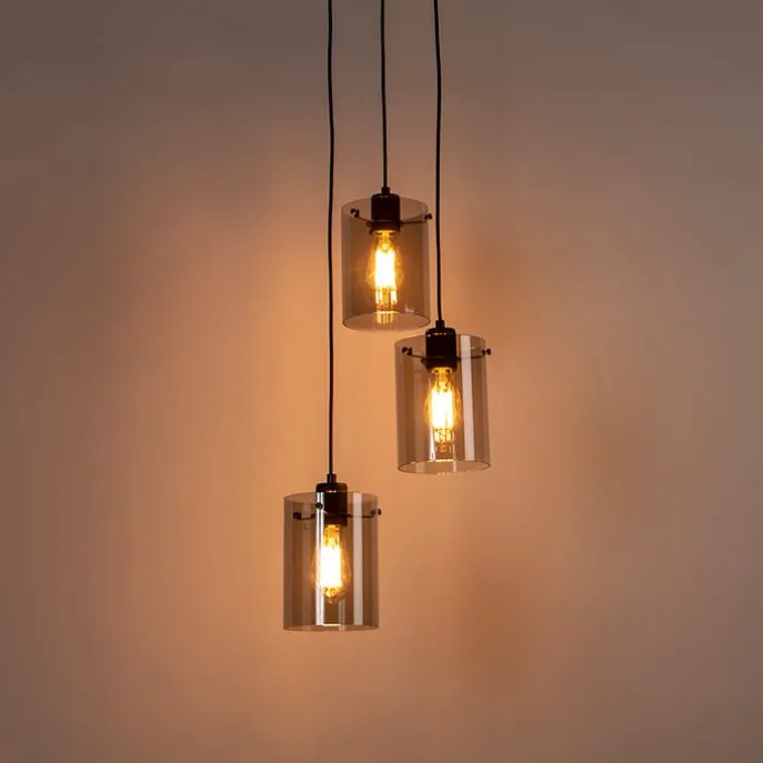 Design Hängelampe schwarz mit Rauchglas 3-Licht - Kuppel