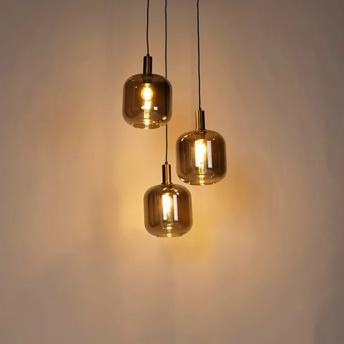 Design Hängelampe schwarz mit gold mit Rauchglas 3-flammig - Zuzanna