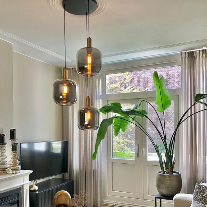 Design Hängelampe schwarz mit gold mit Rauchglas 3-flammig - Zuzanna