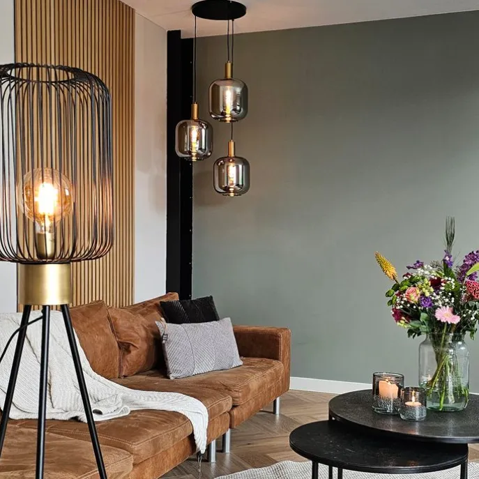 Design Hängelampe schwarz mit gold mit Rauchglas 3-flammig - Zuzanna