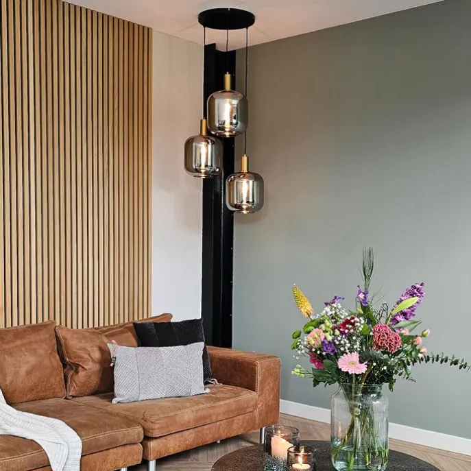 Design Hängelampe schwarz mit gold mit Rauchglas 3-flammig - Zuzanna