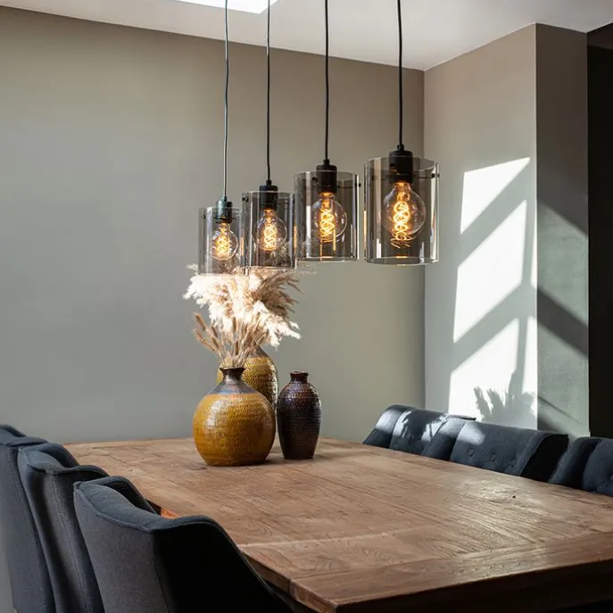 Design Hängelampe schwarz mit Rauchglas 4-Licht - Kuppel