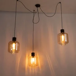 Design Hängelampe schwarz mit Braunglas 3-Licht 226 cm - Qara