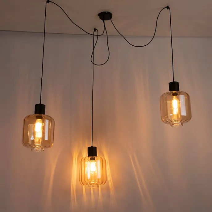 Design Hängelampe schwarz mit Braunglas 3-Licht 226 cm - Qara