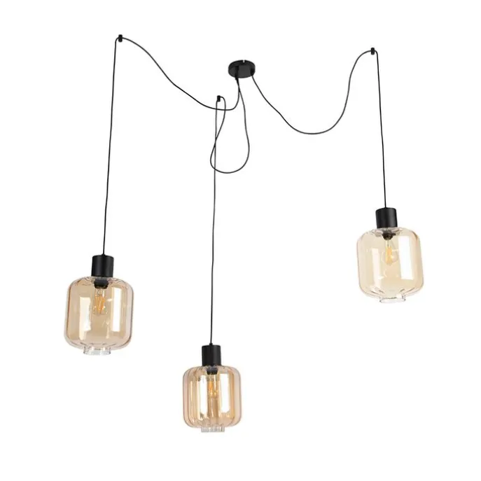 Design Hängelampe schwarz mit Braunglas 3-Licht 226 cm - Qara