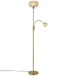 Design Stehleuchte Messing mit bernsteinfarbenem Glas 2-flammig - Brianna