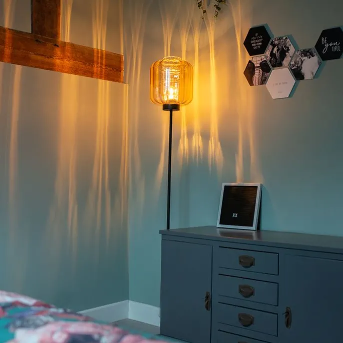 Design Stehleuchte schwarz mit Braunglas - Qara