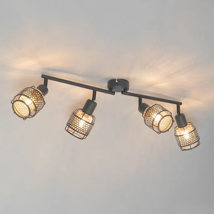 Design-Deckenleuchte schwarz mit goldfarbenem 4-flammigem Rechteck - Noud