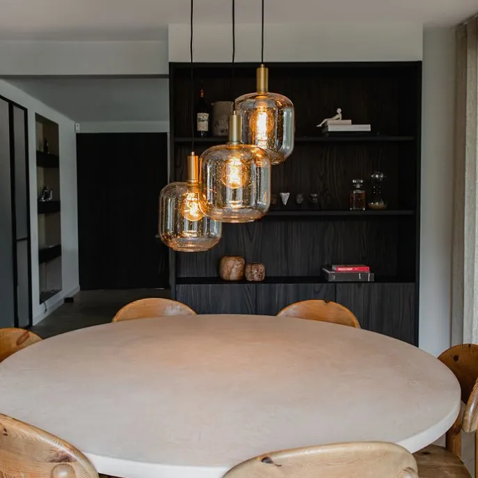 Design-Hängelampe schwarz mit Messing und braunem Glas 3 Lichter - Zuzanna