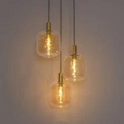 Design-Hängelampe schwarz mit Messing und braunem Glas 3 Lichter - Zuzanna