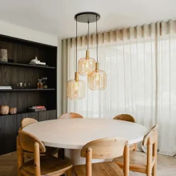 Design-Hängelampe schwarz mit Messing und braunem Glas 3 Lichter - Zuzanna