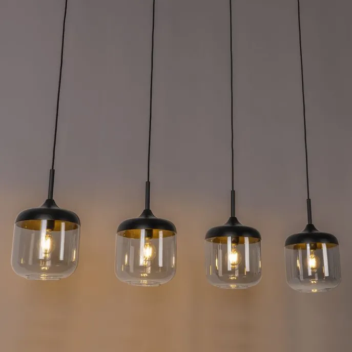 Design-Hängelampe schwarz mit Gold und Rauchglas 4-flammig - Kyan