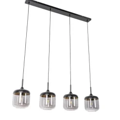 Design-Hängelampe schwarz mit Gold und Rauchglas 4-flammig - Kyan