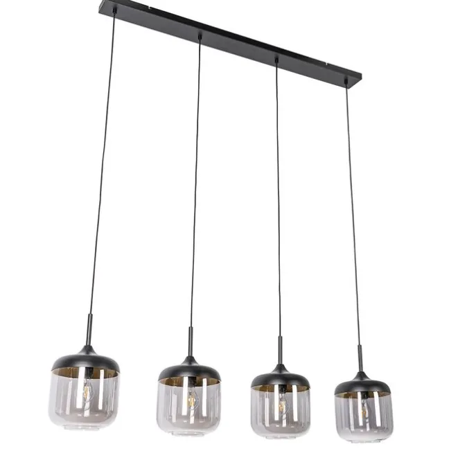 Design-Hängelampe schwarz mit Gold und Rauchglas 4-flammig - Kyan