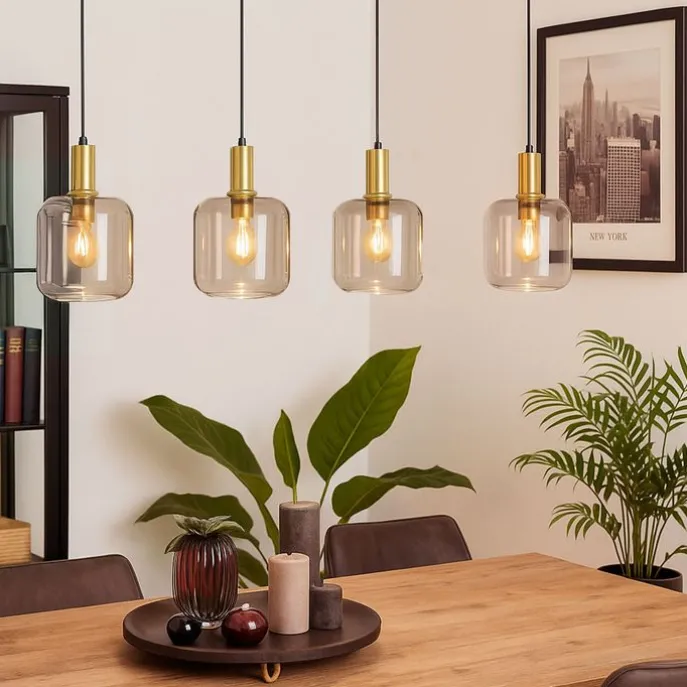 Design-Hängelampe schwarz mit Messing und bernsteinfarbenem Glas, 4-flammig – Zuzanna