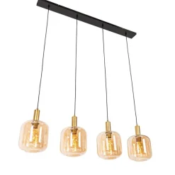 Design-Hängelampe schwarz mit Messing und bernsteinfarbenem Glas, 4-flammig – Zuzanna