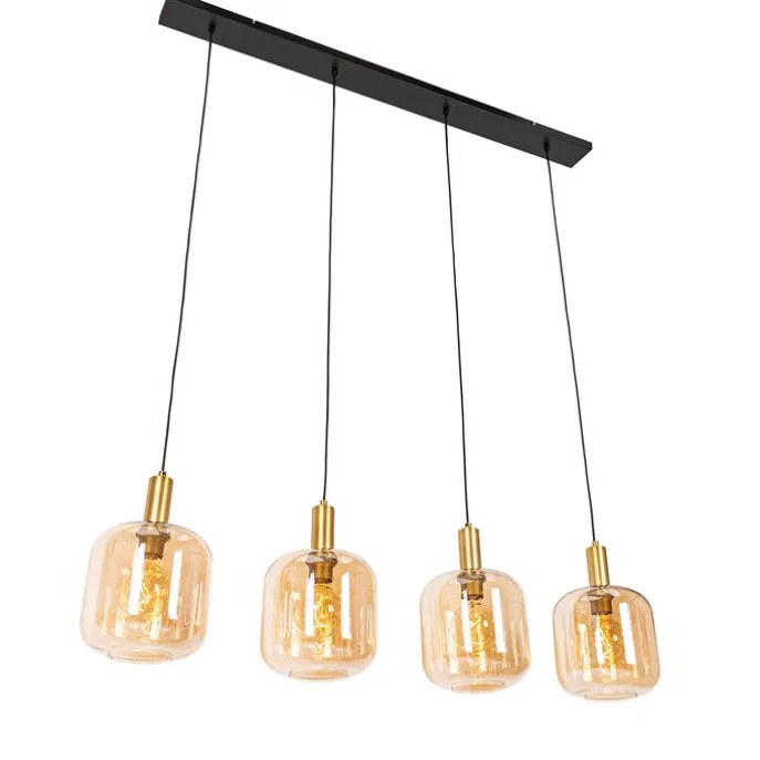 Design-Hängelampe schwarz mit Messing und bernsteinfarbenem Glas, 4-flammig – Zuzanna