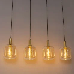 Design-Hängelampe schwarz mit Messing und bernsteinfarbenem Glas, 4-flammig – Zuzanna