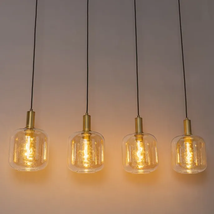 Design-Hängelampe schwarz mit Messing und bernsteinfarbenem Glas, 4-flammig – Zuzanna