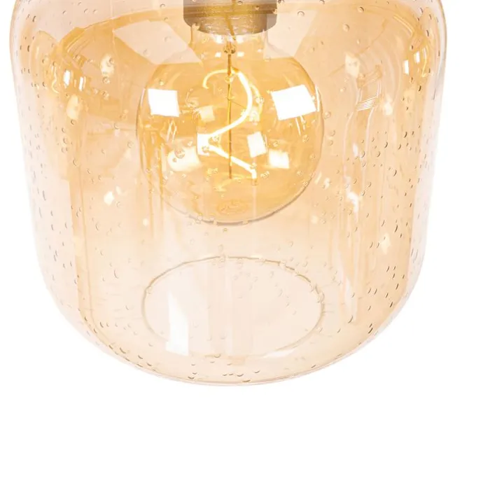 Design-Hängelampe schwarz mit Messing und bernsteinfarbenem Glas, 4-flammig – Zuzanna