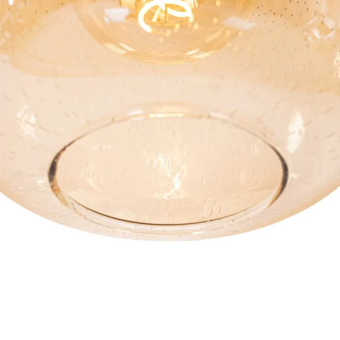 Design-Hängelampe schwarz mit Messing und bernsteinfarbenem Glas, 4-flammig – Zuzanna