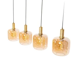 Design-Hängelampe schwarz mit Messing und bernsteinfarbenem Glas, 4-flammig – Zuzanna
