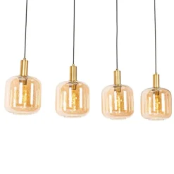 Design-Hängelampe schwarz mit Messing und bernsteinfarbenem Glas, 4-flammig – Zuzanna
