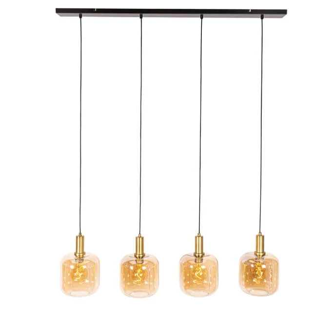 Design-Hängelampe schwarz mit Messing und bernsteinfarbenem Glas, 4-flammig – Zuzanna