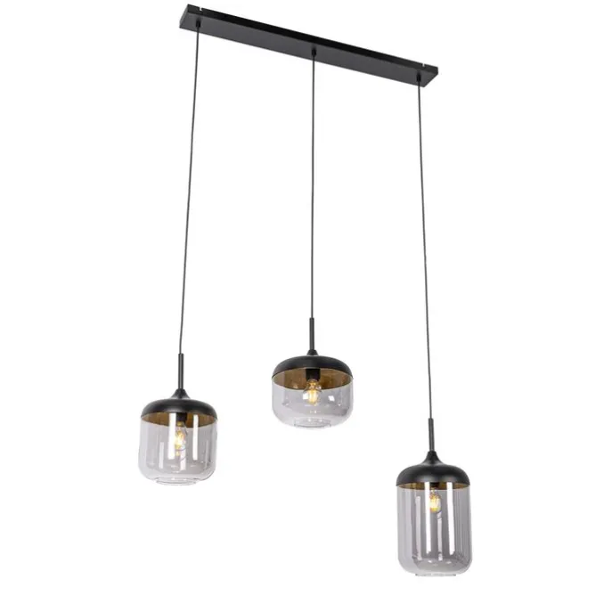 Design-Hängelampe schwarz mit Gold und Rauchglas 3-flammig - Kyan